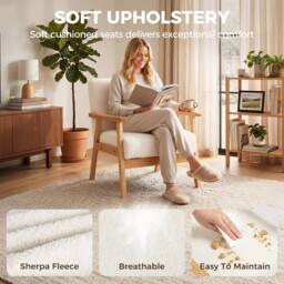 HOMCOM Accent Chair with Wood Frame Wide Seat Sherpa Fleece Armchair Cream in White - thumbnail 6