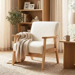 HOMCOM Accent Chair with Wood Frame Wide Seat Sherpa Fleece Armchair Cream in White - thumbnail 1