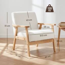HOMCOM Accent Chair with Wood Frame Wide Seat Sherpa Fleece Armchair Cream in White - thumbnail 3