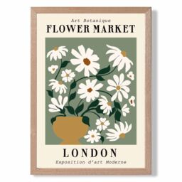 ARTZE London Green & White Flower Market Exhibition Framed Print SIZE: A2 with Oak Frame in Beige - Size: A4