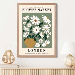 ARTZE London Green & White Flower Market Exhibition Framed Print SIZE: A2 with Oak Frame in Beige - Size: A4 - thumbnail 2