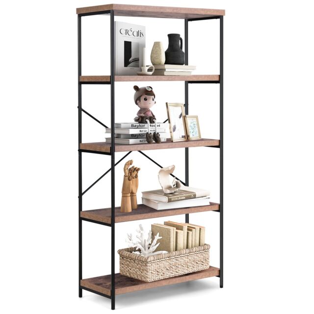 Costway 5-Tier Bookshelf Industrial Wood Bookcase Freestanding Display Rack Organizer in Brown - image 1