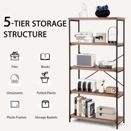 Costway 5-Tier Bookshelf Industrial Wood Bookcase Freestanding Display Rack Organizer in Brown - thumbnail 3