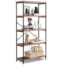 Costway 5-Tier Bookshelf Industrial Wood Bookcase Freestanding Display Rack Organizer in Brown - thumbnail 1