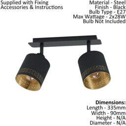 Loops Flush Ceiling Light Colour Black Shade Black Gold Fabric Bulb E27 2x28W - thumbnail 2