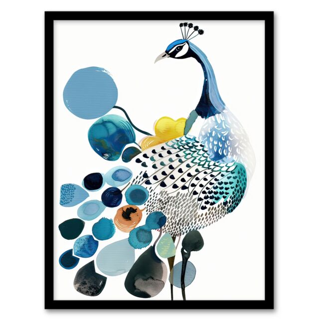 "Artery8 Abstract Pattern Peacock Bird Bright Watercolour Framed Wall Art in Blue - Size: W12"" x H16""" - image 1