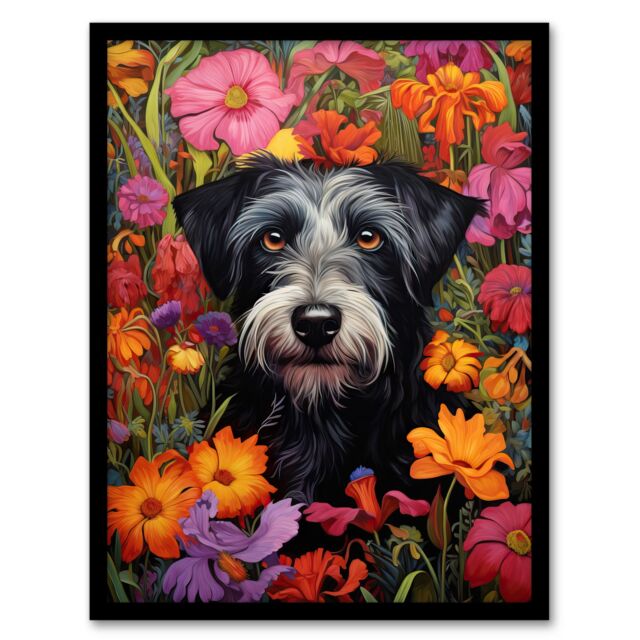 Artery8 Wall Art Print Black Terrier Dog In Bold Vibrant Spring Meadow Flowers William Morris Style Pattern Artwork Norfolk Art Framed - image 1