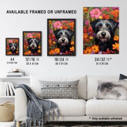 Artery8 Wall Art Print Black Terrier Dog In Bold Vibrant Spring Meadow Flowers William Morris Style Pattern Artwork Norfolk Art Framed - thumbnail 3