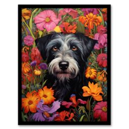 Artery8 Wall Art Print Black Terrier Dog In Bold Vibrant Spring Meadow Flowers William Morris Style Pattern Artwork Norfolk Art Framed - thumbnail 1
