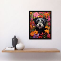 Artery8 Wall Art Print Black Terrier Dog In Bold Vibrant Spring Meadow Flowers William Morris Style Pattern Artwork Norfolk Art Framed - thumbnail 4