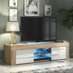 Mex Furniture LTD TV Unit with LED Lights & Gloss Doors / 130cm in Light Oak