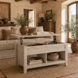 Wyld Haus Tonodo Oak Effect Lift Top Coffee Table Storage with Shelves in Light Oak