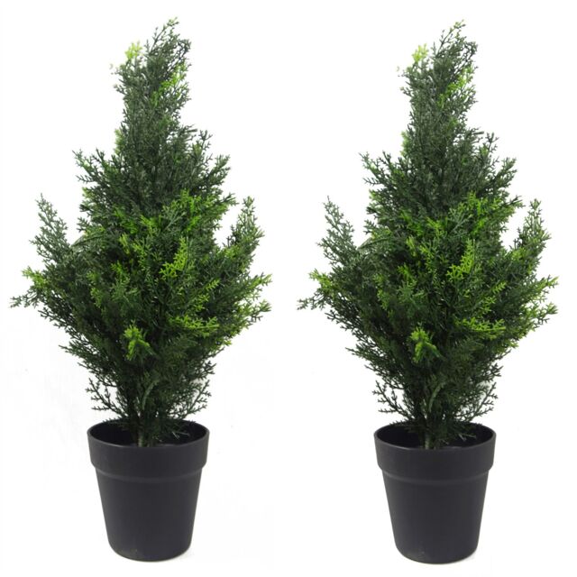 Leaf 60cm Pair of Artificial Cedar Cypress Topiary UV Resistant in Green - image 1