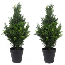 Leaf 60cm Pair of Artificial Cedar Cypress Topiary UV Resistant in Green - thumbnail 1