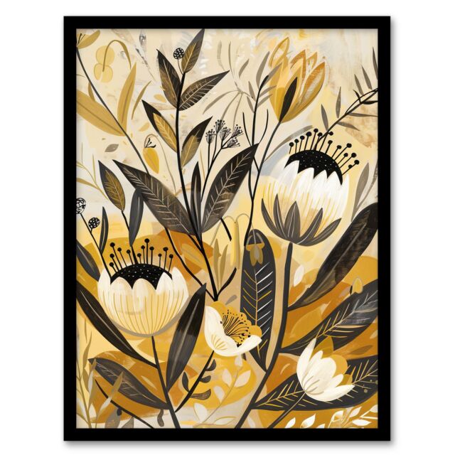 "Artery8 Anemone Flowers Mustard Yellow Grey Boho Design Framed Art Print - Size: W12"" x H16""" - image 1