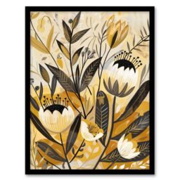 "Artery8 Anemone Flowers Mustard Yellow Grey Boho Design Framed Art Print - Size: W12"" x H16""" - thumbnail 1