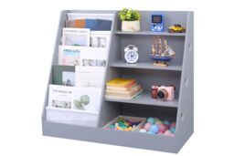 Xample 4 Tier Wooden Kids Bookshelf Book Storage Organizer with 5 Pockets in Grey - thumbnail 1