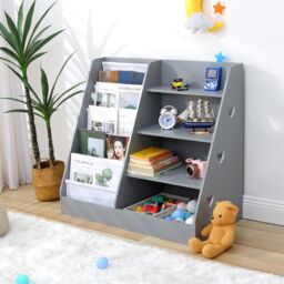 Xample 4 Tier Wooden Kids Bookshelf Book Storage Organizer with 5 Pockets in Grey - thumbnail 3