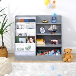 Xample 4 Tier Wooden Kids Bookshelf Book Storage Organizer with 5 Pockets in Grey - thumbnail 2