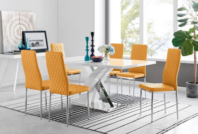 FurnitureboxUK Atlanta Modern Rectangle Chrome Metal High Gloss White Dining Table & 6 Milan Chairs Set in Mustard - image 1