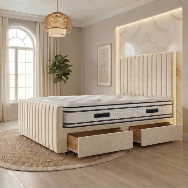 "Somnior Eleanor Velvet Divan Bed Mattress 2 Draw 54"" Headboard 22"" Footboard in Ivory - Size: Single" - image 1