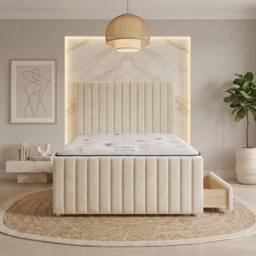 "Somnior Eleanor Velvet Divan Bed Mattress 2 Draw 54"" Headboard 22"" Footboard in Ivory - Size: Single" - thumbnail 2