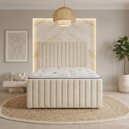 "Somnior Eleanor Velvet Divan Bed Mattress 2 Draw 54"" Headboard 22"" Footboard in Ivory - Size: Single" - thumbnail 3