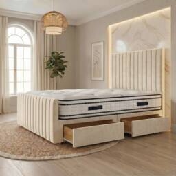 "Somnior Eleanor Velvet Divan Bed Mattress 2 Draw 54"" Headboard 22"" Footboard in Ivory - Size: Single"