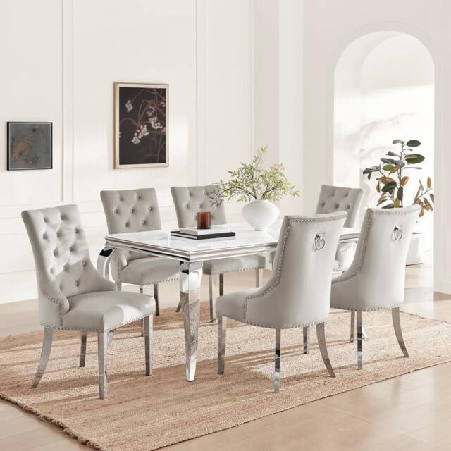 FurnitureboxUK Skye Rectangle Marble Effect Dining Table & 6 Grey Belgravia Chairs - image 1