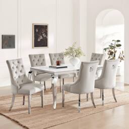 FurnitureboxUK Skye Rectangle Marble Effect Dining Table & 6 Grey Belgravia Chairs
