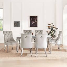 FurnitureboxUK Skye Rectangle Marble Effect Dining Table & 6 Grey Belgravia Chairs - thumbnail 2