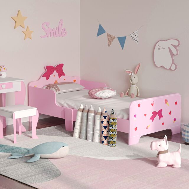 ZONEKIZ Princess-Themed Kids Toddler Bed with Cute Patterns, Safety Rails - Pink - Size: Single - image 1