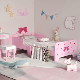 ZONEKIZ Princess-Themed Kids Toddler Bed with Cute Patterns, Safety Rails - Pink - Size: Single