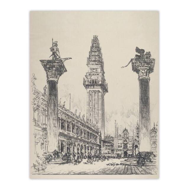"Artery8 Joseph Pennell Venice Rebuilding the Campanile Wall Art Print in Grey - Size: W12"" x H16""" - image 1