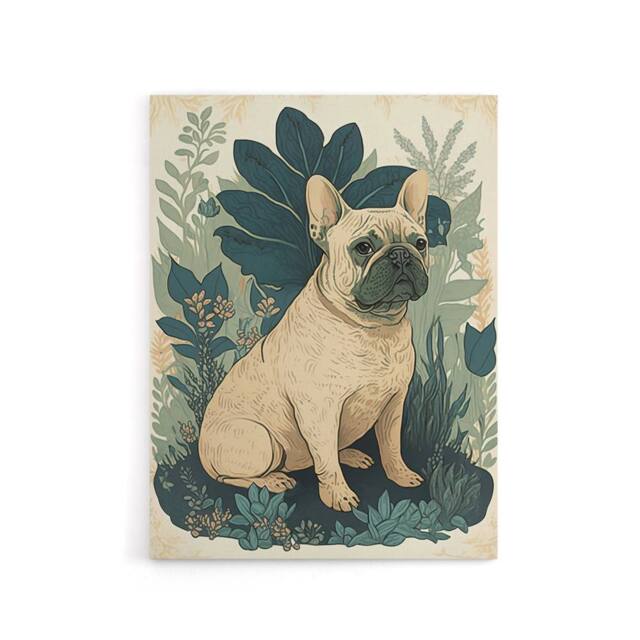 "Artery8 French Bulldog & Tropical Plants Canvas Wall Art Print in Blue - Size: W24"" x H32""" - image 1