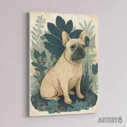 "Artery8 French Bulldog & Tropical Plants Canvas Wall Art Print in Blue - Size: W24"" x H32""" - thumbnail 2
