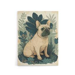 "Artery8 French Bulldog & Tropical Plants Canvas Wall Art Print in Blue - Size: W24"" x H32""" - thumbnail 1