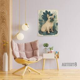 "Artery8 French Bulldog & Tropical Plants Canvas Wall Art Print in Blue - Size: W24"" x H32""" - thumbnail 3