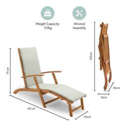 VonHaus Hudson Wooden Folding Garden Sun Lounger with Cushion in Natural - thumbnail 9