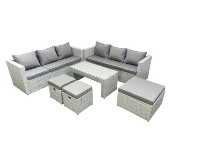 Fimous 9 Seater Garden Outdoor Rattan Furniture Set Rattan Garden Sofa Oblong Coffee Table with 3 Footstools Light Grey Mixed - image 1