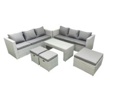 Fimous 9 Seater Garden Outdoor Rattan Furniture Set Rattan Garden Sofa Oblong Coffee Table with 3 Footstools Light Grey Mixed - thumbnail 1