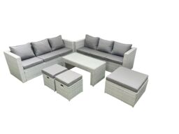 Fimous 9 Seater Garden Outdoor Rattan Furniture Set Rattan Garden Sofa Oblong Coffee Table with 3 Footstools Light Grey Mixed - thumbnail 2