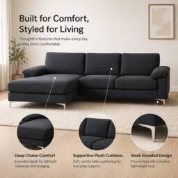 LUXURY LIFE Napoli Velvet Fabric Left Hand Facing Chaise Sofa in Black - thumbnail 3