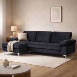 LUXURY LIFE Napoli Velvet Fabric Left Hand Facing Chaise Sofa in Black - thumbnail 2
