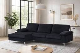 LUXURY LIFE Napoli Velvet Fabric Left Hand Facing Chaise Sofa in Black - thumbnail 1