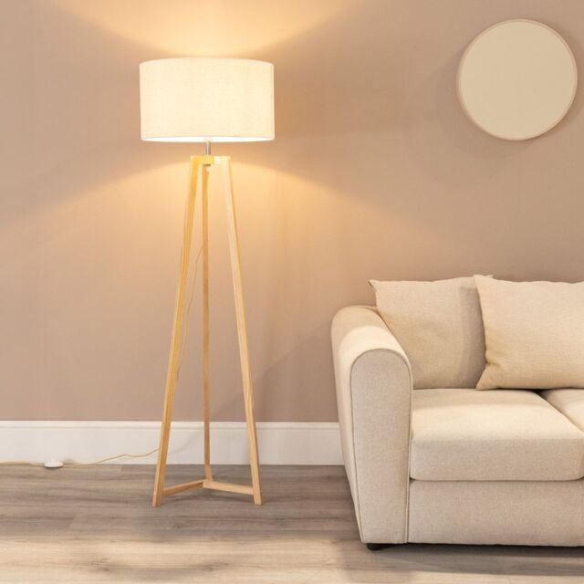 ValueLights Lottie Natural Wood Tripod Floor Lamp with Linen White Trim Shade & LED Bulb - image 1