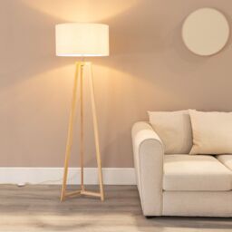 ValueLights Lottie Natural Wood Tripod Floor Lamp with Linen White Trim Shade & LED Bulb - thumbnail 1
