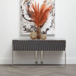 Orsina Grey Hi‑Gloss Finish Console Table, Sleek Glossy Grey Top with Polished Stainless Steel Frame