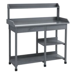 OUTSUNNY Garden Potting Table Workstation with Metal Tabletop, Drawer, Shelves in Grey - thumbnail 2