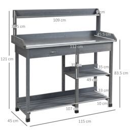 OUTSUNNY Garden Potting Table Workstation with Metal Tabletop, Drawer, Shelves in Grey - thumbnail 3